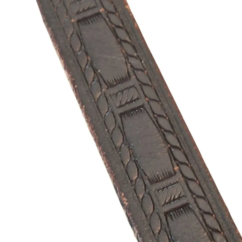 Vintage Leather Tooled Skinny Belt XS-S Basket Weave Western Pattern Black